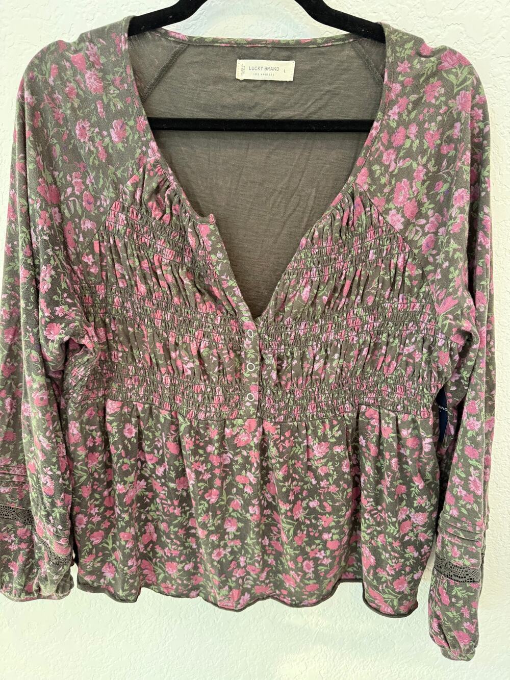 NWT Lucky Brand Textured Babydoll Floral Smocked Boho Top